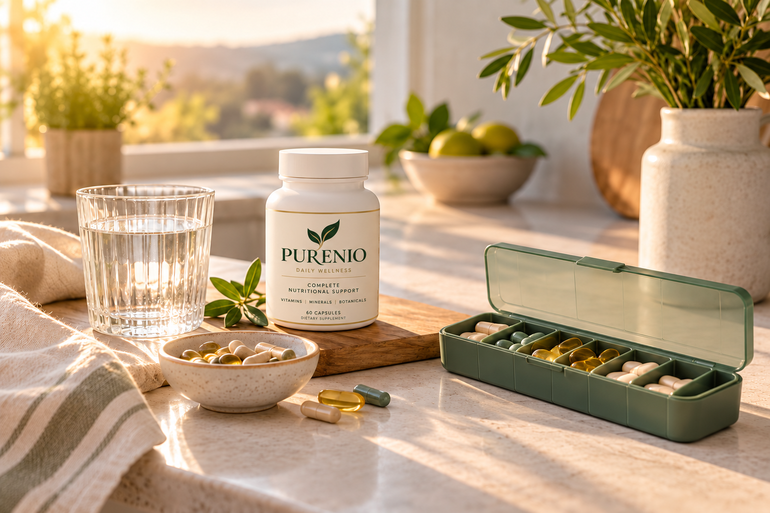 An organized Purenio morning wellness routine in soft natural light