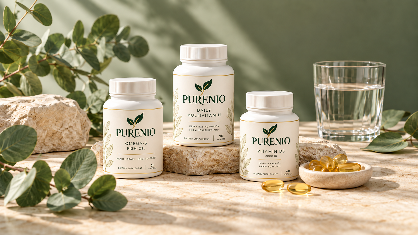 Purenio wellness bottles with softgels, greenery, and water